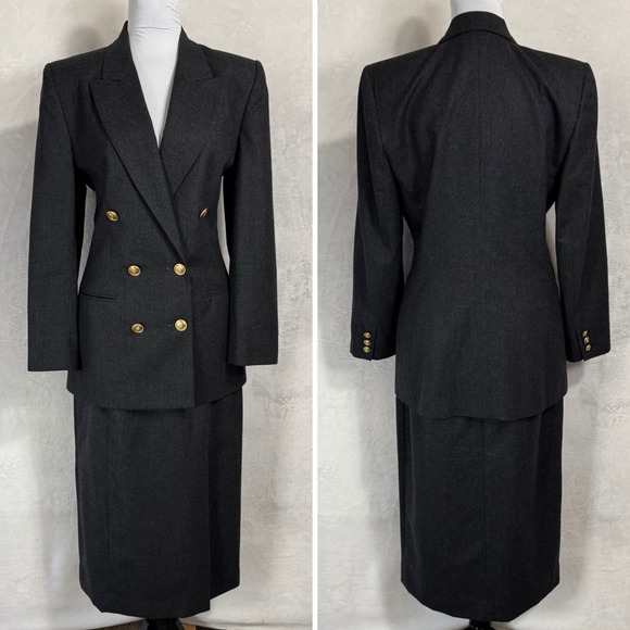 Vintage Talbots‎ Double Breasted Midi Skirt Suit Size 10 8 Wool Gold Button Read - Picture 3 of 16